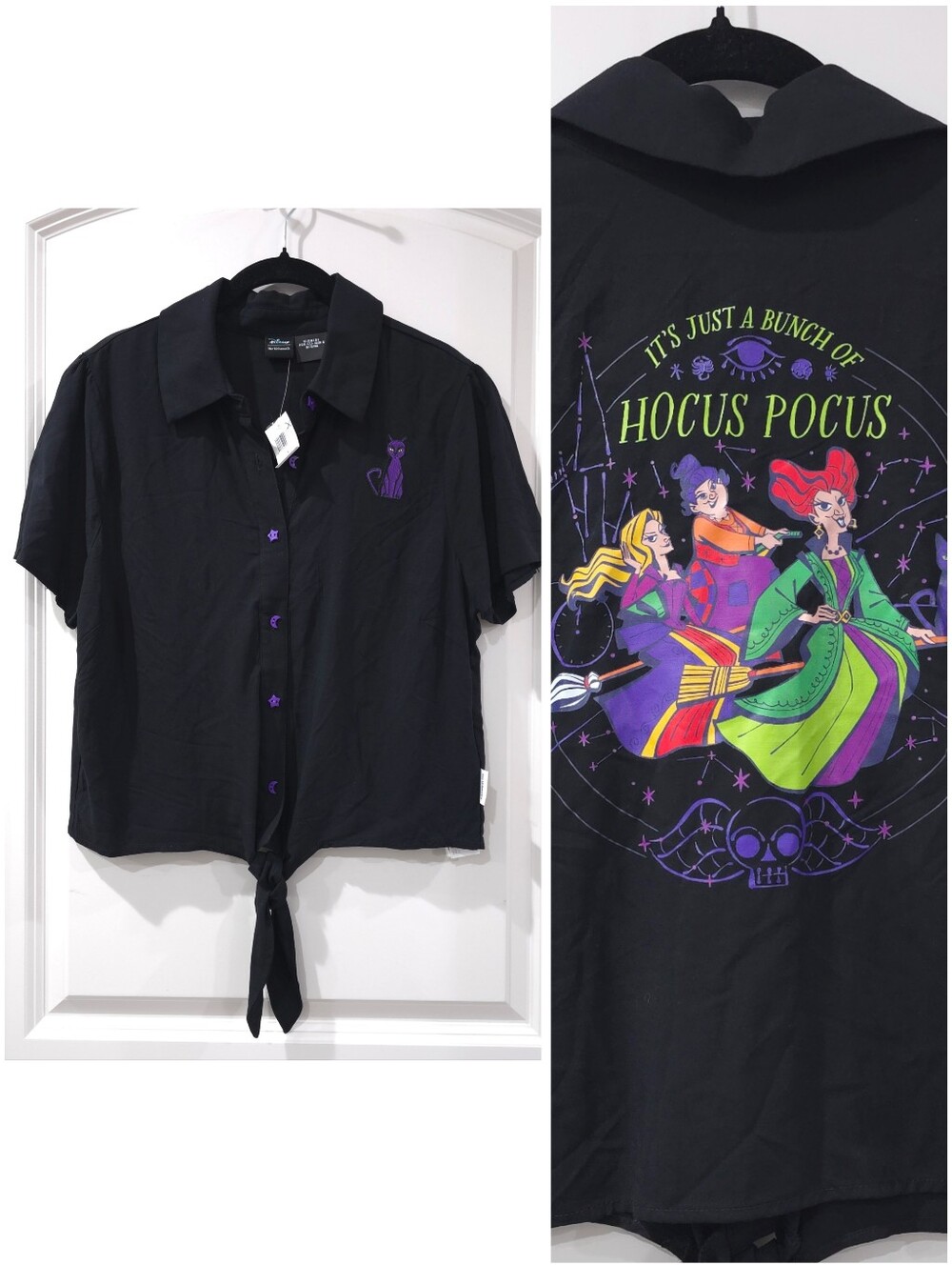 Disney Black Short-Sleeve Button-Front Tie Shirt Hocus Pocus Purple Cat Nwt